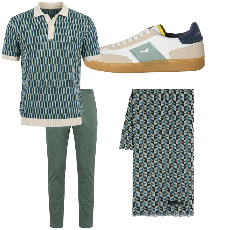 Outfit uomo - Total look #2442258. Stile Trendy per Tutti i giorni. Abbinamento con sciarpe, pantaloni chino, sneakers, polo.