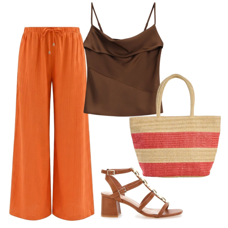 Outfit donna - Low-cost. Stile Casual per Tutti i giorni. Abbinamento con shopping bag, pantaloni a palazzo, canottiere, sandali gioiello.