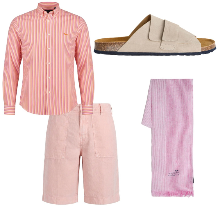 Outfit uomo - Total look #2442260. Stile Trendy per Mare. Abbinamento con sciarpe, bermuda, sandali, camicie.