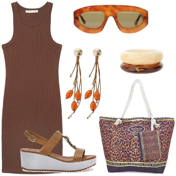 Outfit donna - Total look #2442266. Stile Etnico per Tutti i giorni. Abbinamento con vestiti midi/longuette, braccialetti, orecchini, occhiali da sole, zeppe, shopping bag.