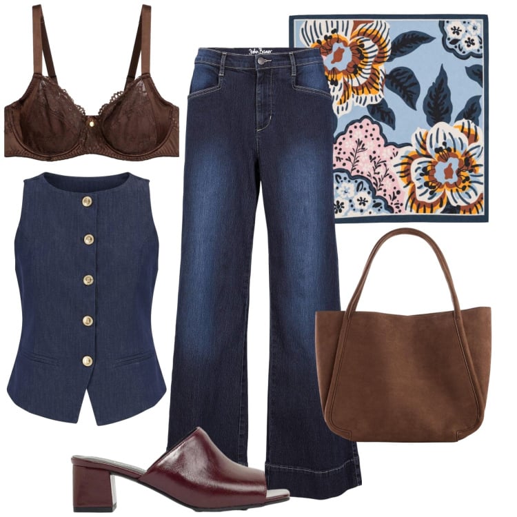 Outfit donna - Foulard stampato che illumina. Stile Casual chic per Tutti i giorni. Abbinamento con jeans, shopping bag, ciabatte, reggiseni, foulard, gilet.