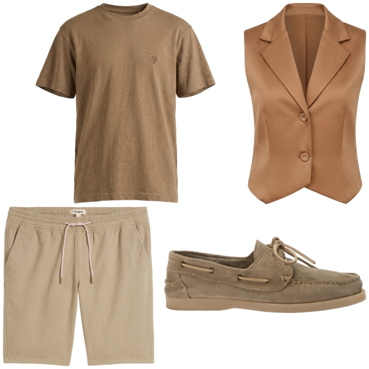 Outfit uomo - Total look #2442269. Stile Trendy per Cerimonia. Abbinamento con bermuda, scarpe stringate, t-shirt, gilet.
