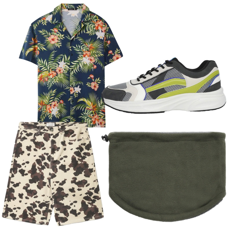 Outfit uomo - Total look #2442270. Stile Trendy per Mare. Abbinamento con camicie a manica corta, sneakers, scaldacollo, bermuda.