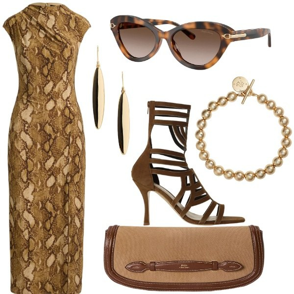Outfit donna - Total look #2442271. Stile Etnico per Cerimonia. Abbinamento con occhiali da sole, vestiti midi/longuette, braccialetti, clutch, orecchini, sandali col tacco.