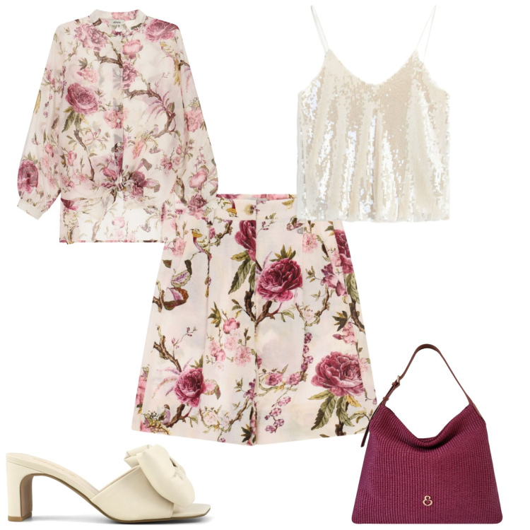 Outfit donna - Romantica chic serata. Stile Romantica per Serata fuori. Abbinamento con borse a spalla, bermuda, camicie, top, sandali col tacco.