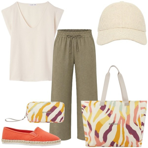 Outfit donna - Total look #2442273. Stile Basic per Tutti i giorni. Abbinamento con espadrillas, pantaloni, t-shirt, cappelli con visiera, shopping bag, valigie.