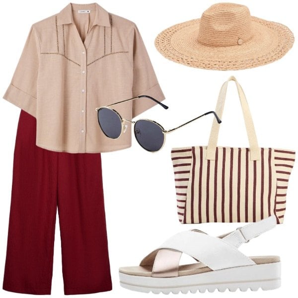 Outfit donna - Total look #2442274. Stile Casual chic per Tutti i giorni. Abbinamento con occhiali da sole, sandali, shopping bag, pantaloni, camicie a manica corta, cappelli.