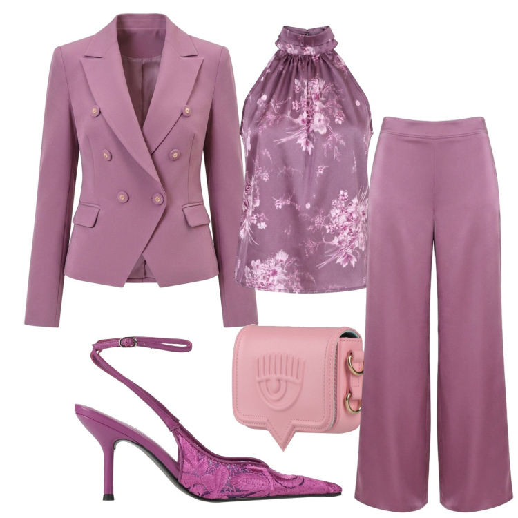 Outfit donna - Unicolor. Stile Chic per Cerimonia. Abbinamento con décolleté, marsupi, top, pantaloni a palazzo, blazer.