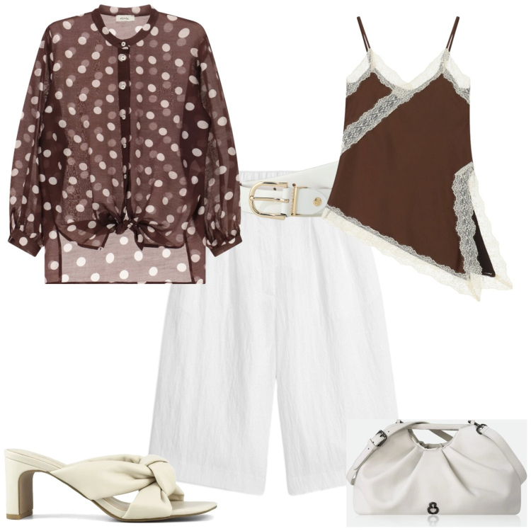 Outfit donna - Casual chic serata evento. Stile Casual chic per Serata fuori. Abbinamento con bermuda, clutch, camicie, canottiere, cinture, sandali col tacco.