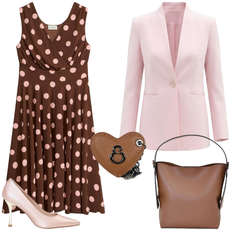 Outfit donna - Stampe che illuminano - Pois. Stile Bon Ton per Ufficio. Abbinamento con vestiti, portachiavi, blazer, borse a mano, décolleté.
