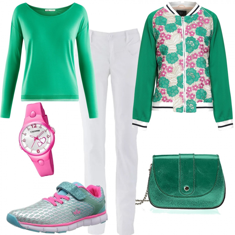 Outfit donna - Merletto sul bomberino. Stile Trendy per Scuola/Università. Abbinamento con pantaloni, giubbotto con pizzo fantasia floreale collo tondo a maniche lunghe con zip interno foderato crêpe, t-shirt a maniche lunghe aderente verde, scarpe da ginnastica turchese, shopping bag verde, orologio analogico con cinturino fucsia.