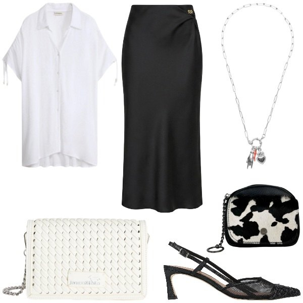 Outfit donna - Total look #2442282. Stile Casual chic per Serata fuori. Abbinamento con décolleté, camicie a manica corta, borse a tracolla, portachiavi, ciondoli, gonne longuette.
