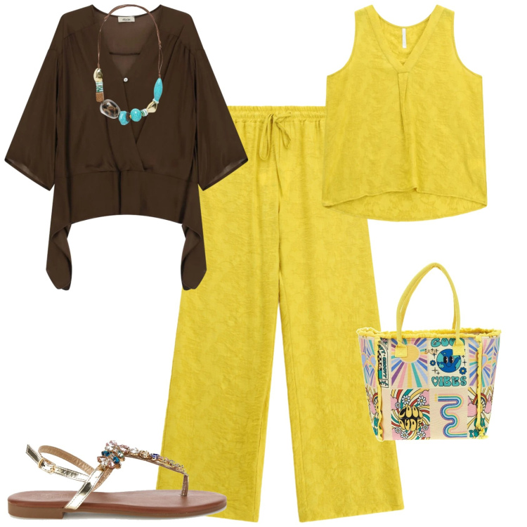 Outfit donna - Casual chic sole e terra. Stile Casual chic per Serata fuori. Abbinamento con top, pantaloni a palazzo, camicie, collane, borse a spalla, sandali gioiello.