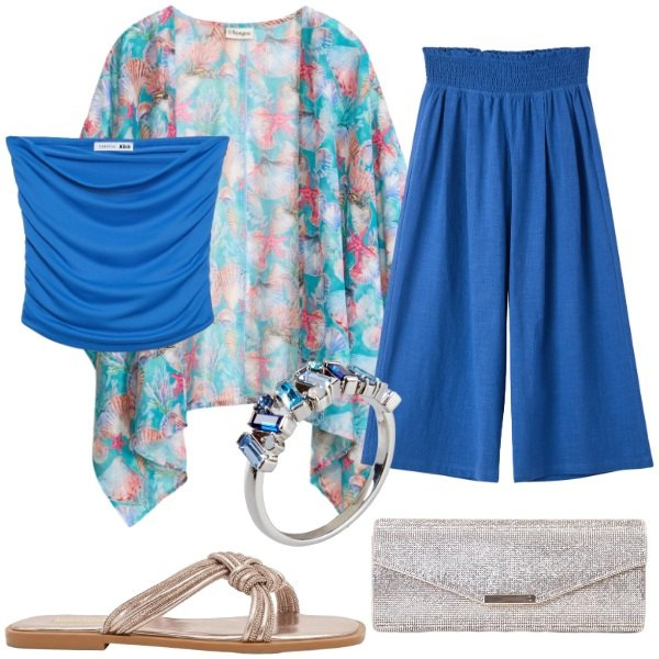 Outfit donna - Total look #2442288. Stile Casual chic per Serata fuori. Abbinamento con anelli, kimono, pantaloni, top, sandali, clutch.