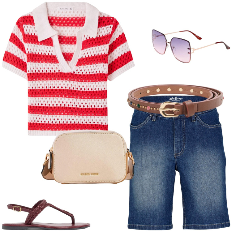 Outfit donna - Mannish in estate. Stile Mannish per Tutti i giorni. Abbinamento con bermuda, borse a tracolla, occhiali da sole, ciabatte, t-shirt, cinture.