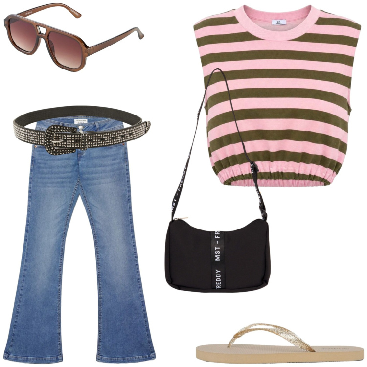 Outfit donna - Casual. Stile Casual per Tutti i giorni. Abbinamento con occhiali da sole, top, cinture, jeans a zampa, infradito, borse a tracolla.