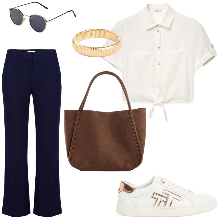 Outfit donna - Un outfit per l\'ufficio. Stile Casual chic per Ufficio. Abbinamento con occhiali da sole, sneakers, braccialetti, shopping bag, pantaloni, camicie a manica corta.