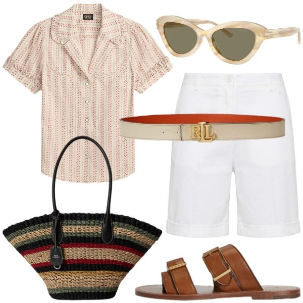 Outfit donna - Total look #2442296. Stile Casual chic per Tutti i giorni. Abbinamento con bermuda, cinture, occhiali da sole, borse tote, sandali in pelle, camicie.