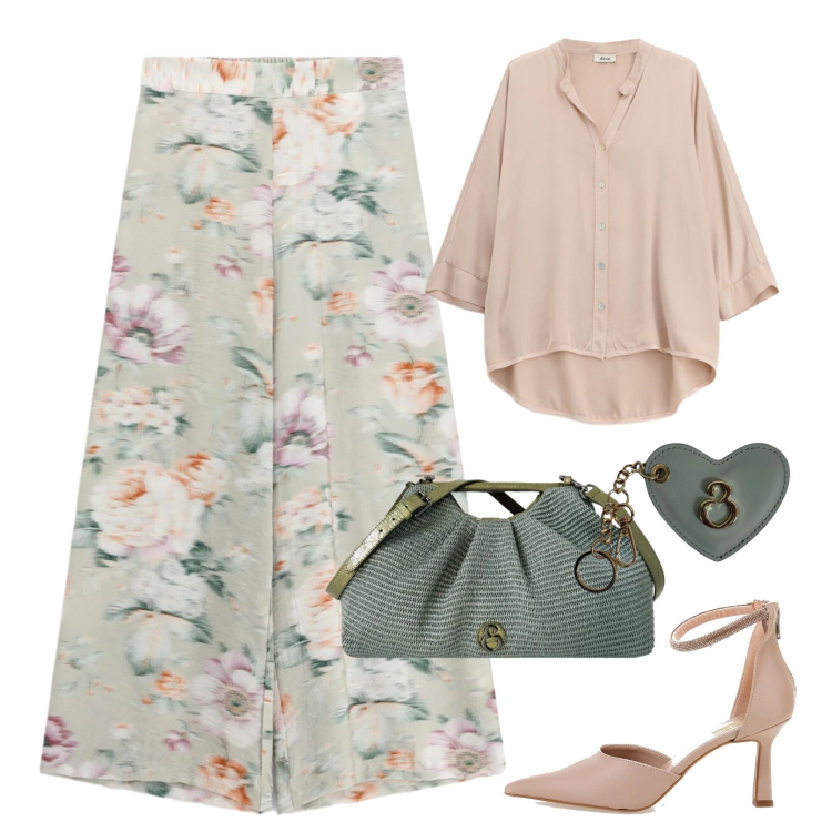 Outfit donna - Borsa in rafia. Stile Chic per Ufficio. Abbinamento con clutch, portachiavi, camicie, pantaloni a palazzo, décolleté.