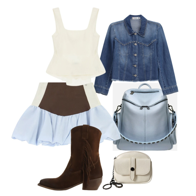 Outfit donna - Accessori top. Stile Trendy per Tutti i giorni. Abbinamento con zaini, portachiavi, blazer, stivali, top, minigonne.