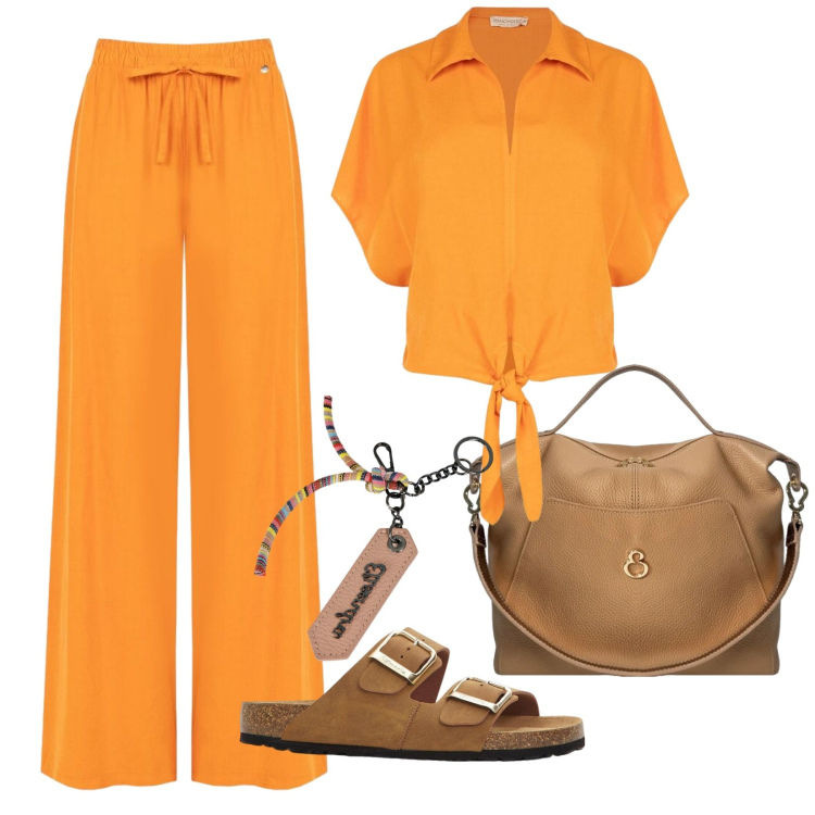 Outfit donna - Must have di lino: il completo. Stile Casual per Tutti i giorni. Abbinamento con ciabatte, borse a mano, portachiavi, camicie a manica corta, pantaloni a palazzo.