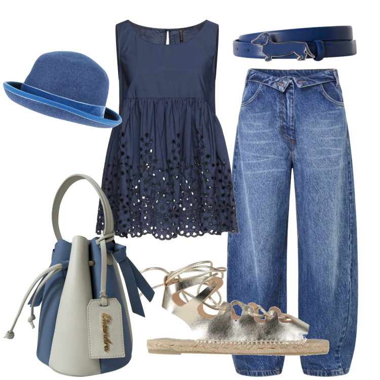 Outfit donna - Total look #2442309. Stile Trendy per Tutti i giorni. Abbinamento con espadrillas, cappelli, top, cinture, borse a secchiello, jeans mom.