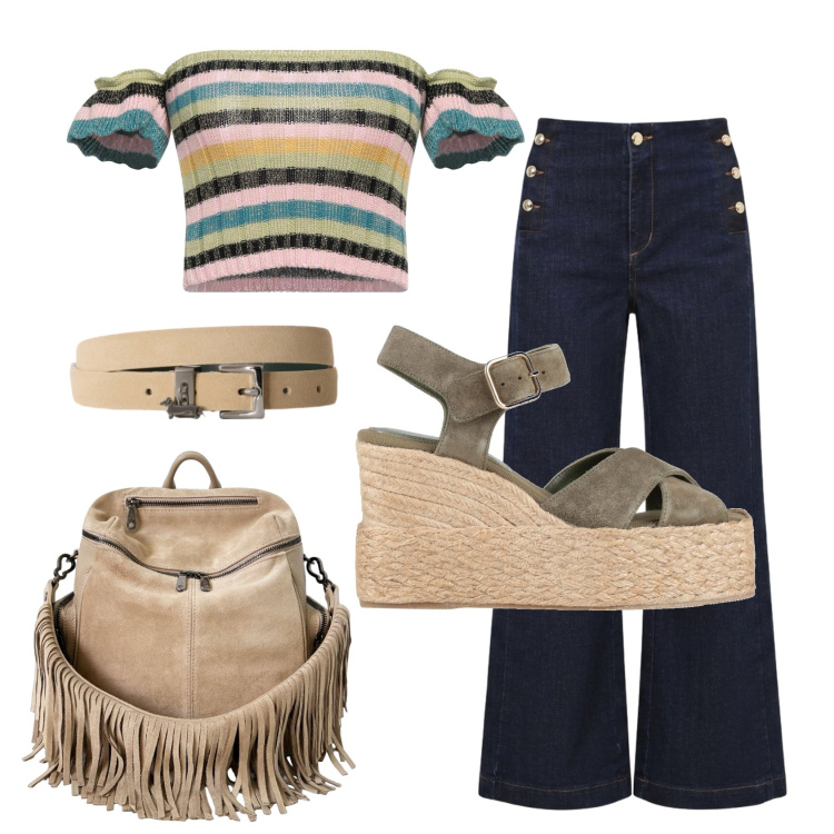 Outfit donna - Total look #2442311. Stile 70s per Tutti i giorni. Abbinamento con top, espadrillas, cinture, zaini, jeans.