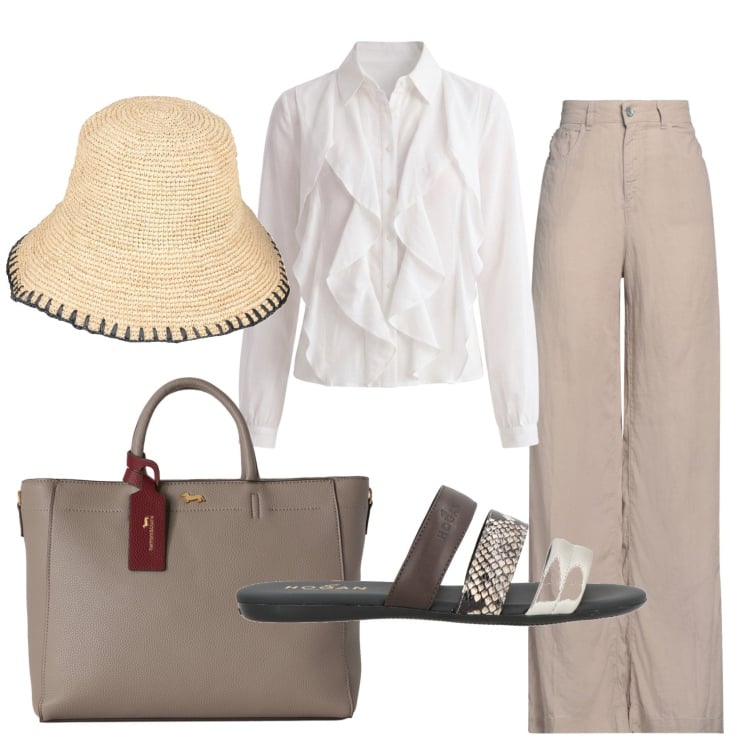 Outfit donna - Total look #2442313. Stile Minimal per Ufficio. Abbinamento con jeans, sandali in pelle, cappelli con visiera, borse a mano, camicie.