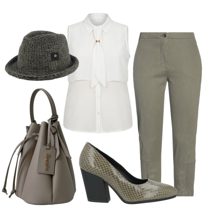 Outfit donna - Total look #2442314. Stile Minimal per Ufficio. Abbinamento con décolleté, jeans slim fit, borse a secchiello, cappelli, camicie a manica corta.