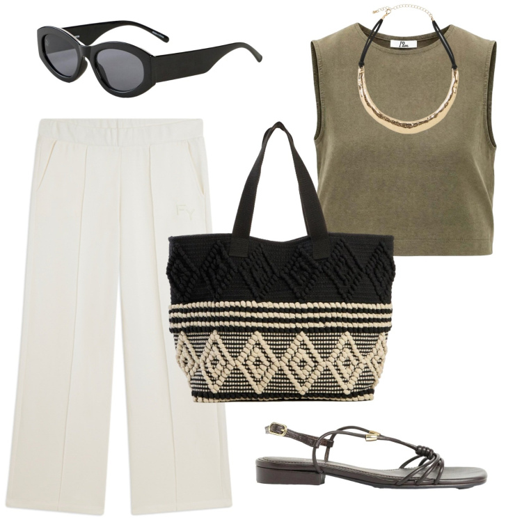 Outfit donna - Valigia pronta. Stile Casual per Tutti i giorni. Abbinamento con shopping bag, collane, sandali, occhiali da sole, top, pantaloni.