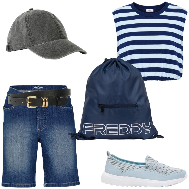 Outfit donna - Mannish. Stile Mannish per Tutti i giorni. Abbinamento con sneakers, bermuda, cinture, cappelli con visiera, top, zaini.