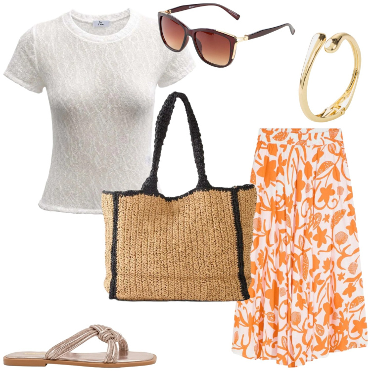 Outfit donna - Elegante e comodo. Stile Chic per Tutti i giorni. Abbinamento con braccialetti, occhiali da sole, shopping bag, gonne lunghe, top, sandali.