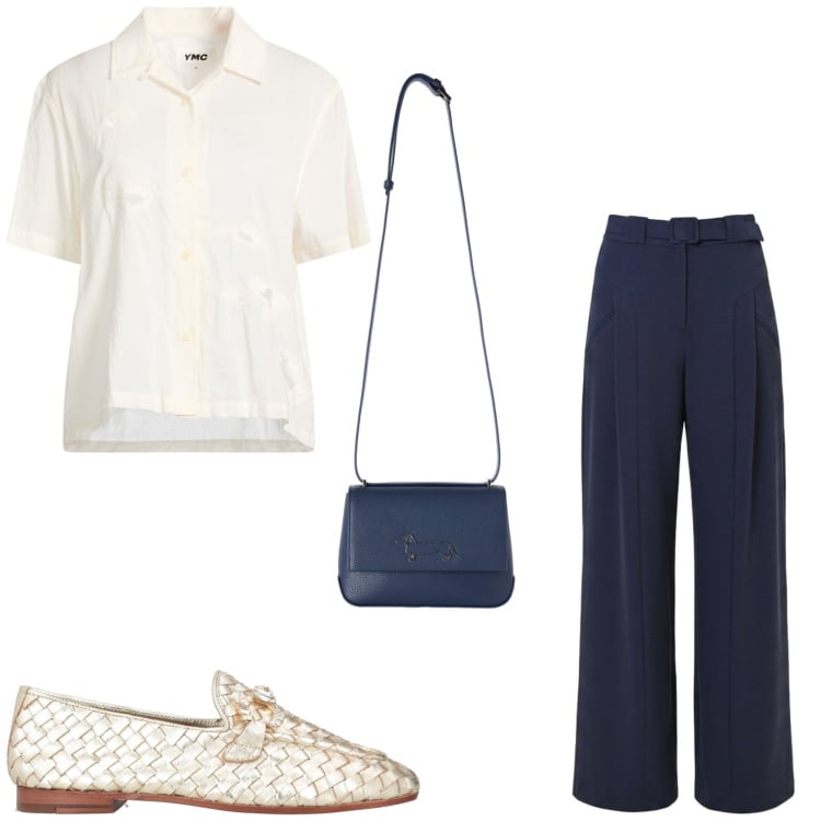 Outfit donna - Lo stile preppy in estate. Stile Preppy per Tutti i giorni. Abbinamento con mocassini, camicie a manica corta, borse a tracolla, pantaloni a palazzo.