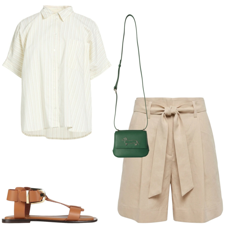 Outfit donna - Casual chic. Stile Casual chic per Tutti i giorni. Abbinamento con camicie a manica corta, sandali alla schiava, bermuda, borse a tracolla.
