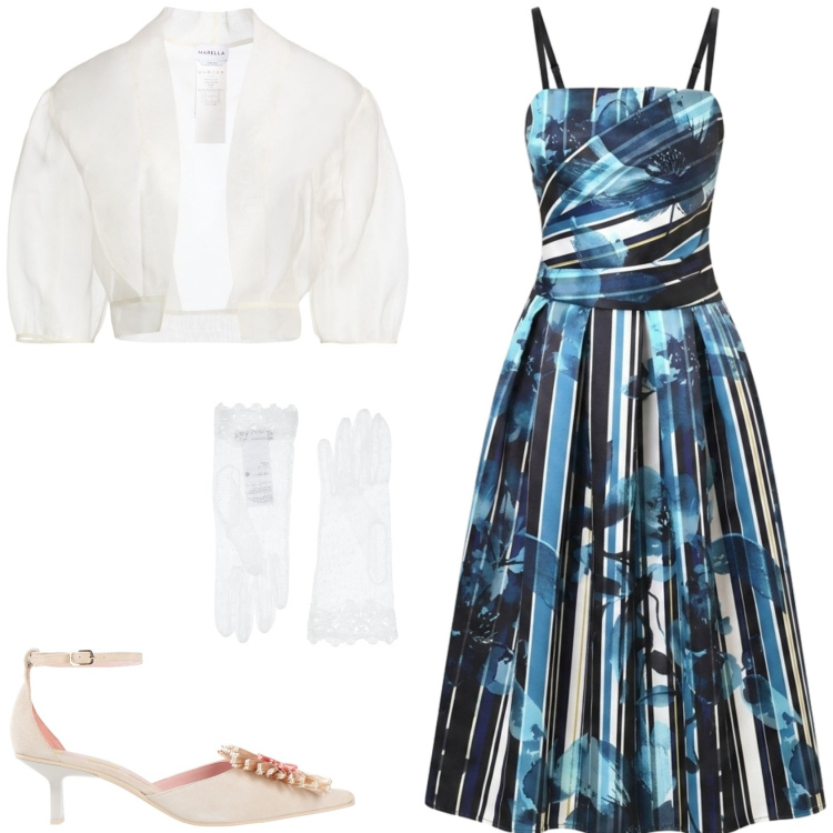 Outfit donna - L\'outfit da cerimonia. Stile Glamour per Cerimonia. Abbinamento con blazer, guanti, décolleté, vestiti midi/longuette.