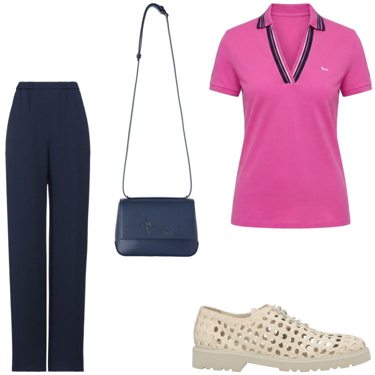 Outfit donna - Preppy in estate. Stile Preppy per Tutti i giorni. Abbinamento con pantaloni, scarpe stringate, polo, borse a tracolla.