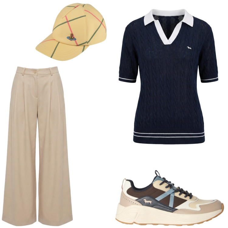 Outfit donna - Casual chic. Stile Casual chic per Tutti i giorni. Abbinamento con cappelli con visiera, polo, pantaloni, sneakers.