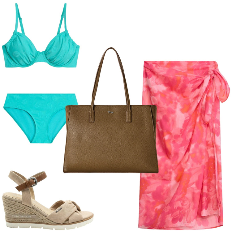 Outfit donna - Al mare. Stile Chic per Mare. Abbinamento con vestiti da spiaggia, sandali col tacco, bikini, shopping bag.