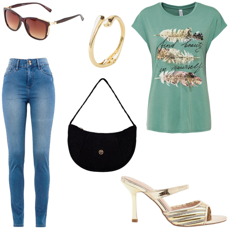 Outfit donna - Apericena. Stile Sexy per Serata fuori. Abbinamento con jeans slim fit, t-shirt, braccialetti, occhiali da sole, borse a mano, sabot.