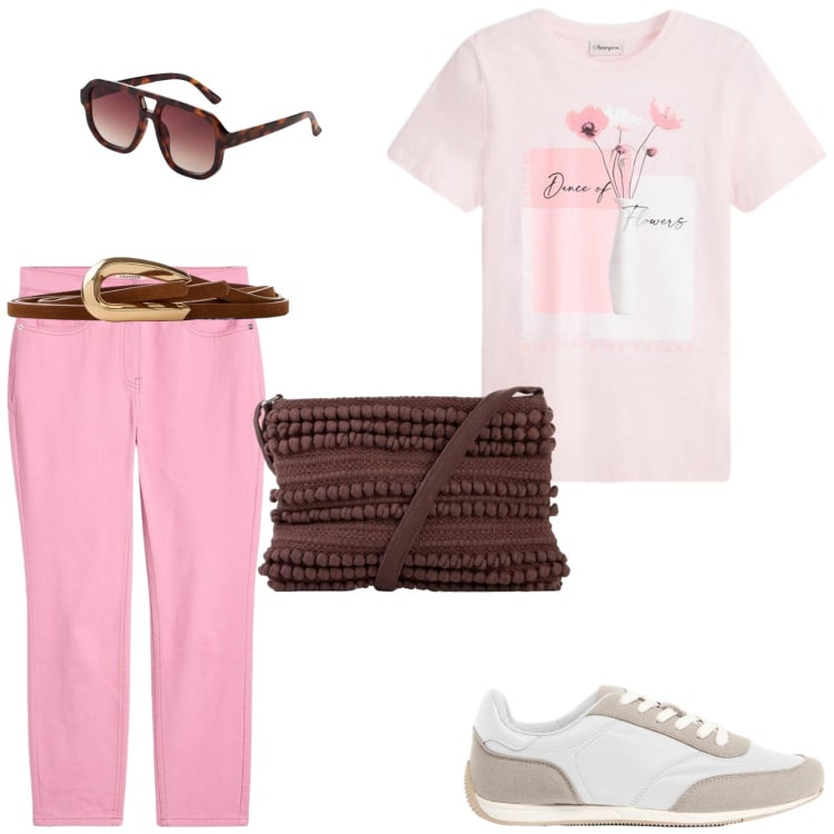 Outfit donna - Estate. Stile Casual per Tutti i giorni. Abbinamento con t-shirt, sneakers, occhiali da sole, pantaloni, cinture, borse a tracolla.
