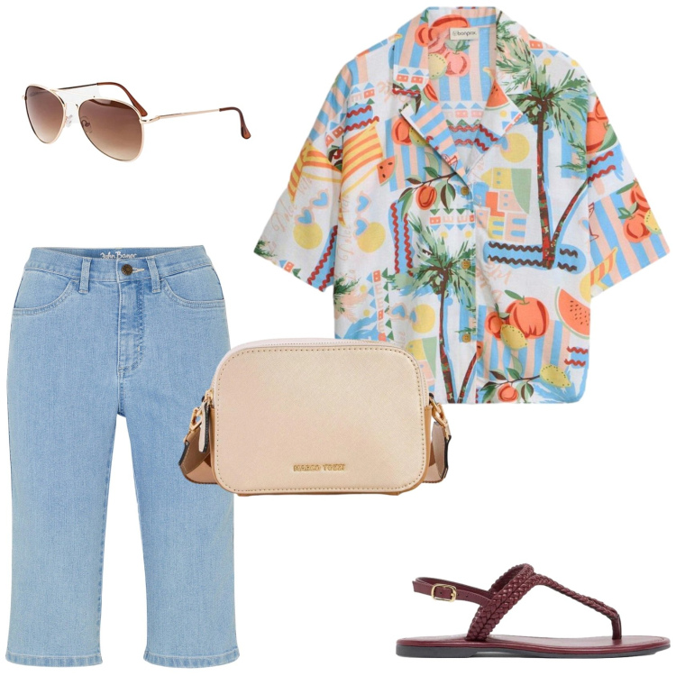 Outfit donna - Estate. Stile Casual per Mare. Abbinamento con bermuda, borse a tracolla, camicie a manica corta, occhiali da sole, ciabatte.