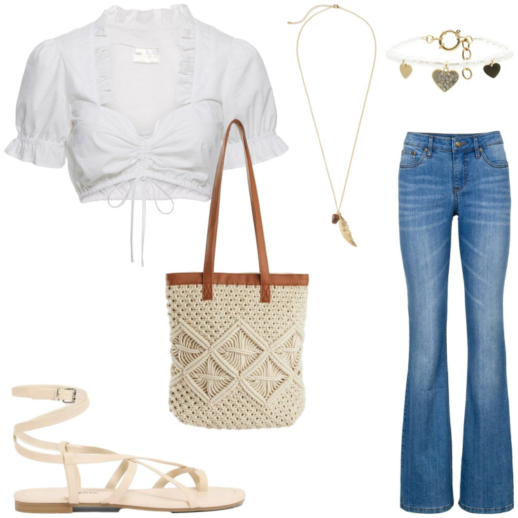Outfit donna - Bohemienne in estate. Stile Boho per Tutti i giorni. Abbinamento con top, jeans bootcut, sandali, collane, shopping bag, braccialetti.