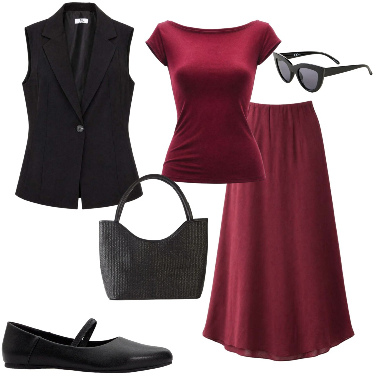 Outfit donna - In ufficio. Stile Casual chic per Ufficio. Abbinamento con shopping bag, ballerine, occhiali da sole, top, gonne lunghe, gilet.