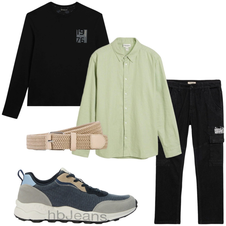 Outfit uomo - Outfit rilassato. Stile Trendy per Tutti i giorni. Abbinamento con pantaloni cargo, camicie, cinture, sneakers, t-shirt.