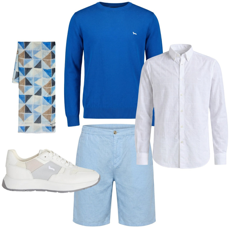 Outfit uomo - Il pull blu royal. Stile Urban per Tutti i giorni. Abbinamento con sciarpe, sneakers, pullovers, bermuda, camicie.
