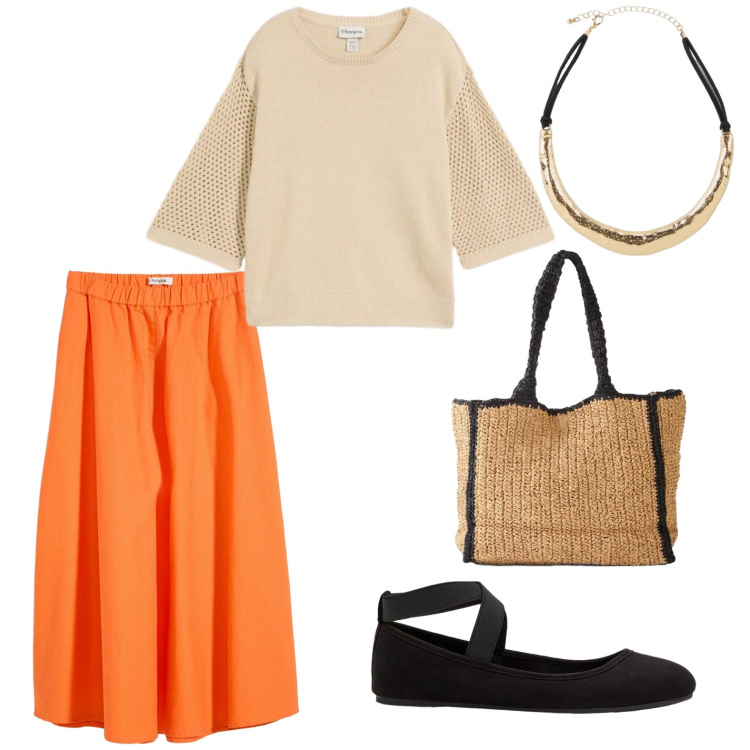 Outfit donna - Total look #2442353. Stile Casual chic per Tutti i giorni. Abbinamento con ballerine, gonne longuette, maglieria, collane, shopping bag.