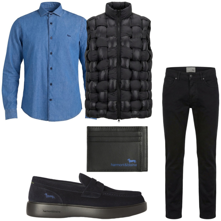 Outfit uomo - Jeans black. Stile Trendy per Tutti i giorni. Abbinamento con portafogli, pantaloni, camicie, scarpe stringate, gilet.