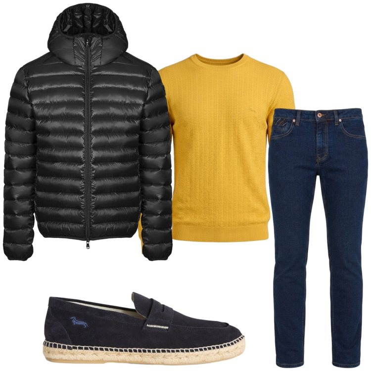 Outfit uomo - Touch yellow. Stile Trendy per Tutti i giorni. Abbinamento con espadrillas, pullovers, jeans, bomber.