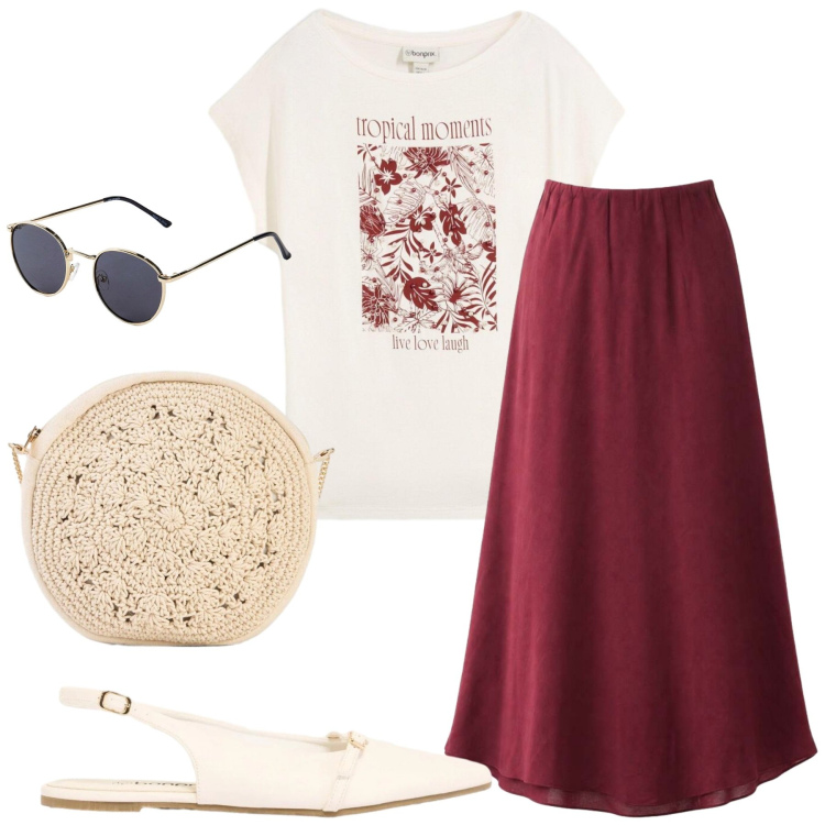 Outfit donna - Sunset Vibes. Stile Boho per Tutti i giorni. Abbinamento con occhiali da sole, borse a tracolla, t-shirt, ballerine, collane, gonne lunghe.