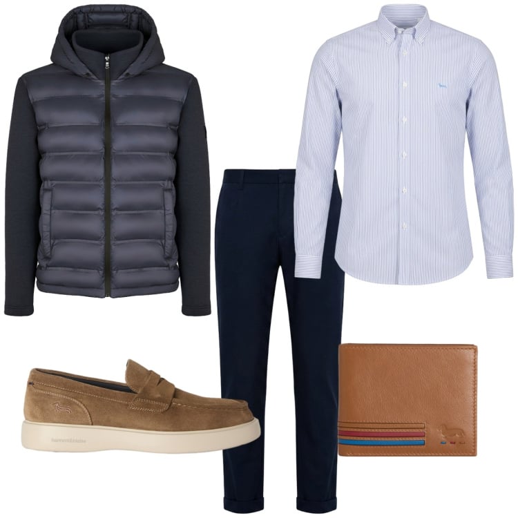 Outfit uomo - Toni vellutati. Stile Trendy per Tutti i giorni. Abbinamento con portafogli, camicie, pantaloni, scarpe stringate, piumini.